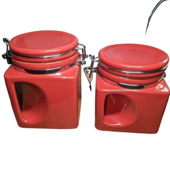 Oggi EZ Grip Red Ceramic Canister Set 2 Pantry Jars Spoons Food Storage Airtight - Picture 4 of 7